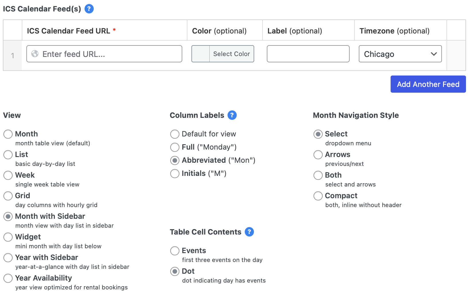 Screenshot of Month with Sidebar setup, showing the new Table Cell Contents option