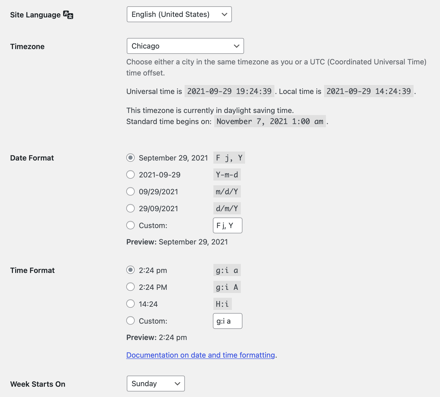 WordPress general settings