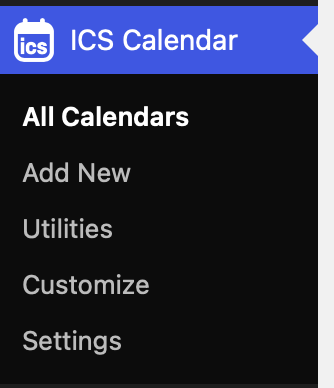 ICS Calendar in the admin sidebar navigation