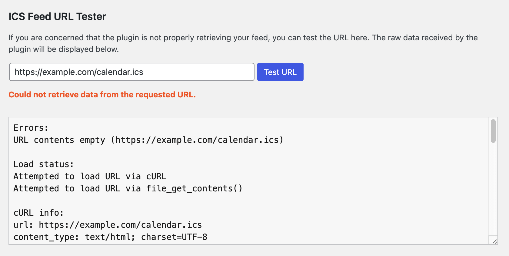 The ICS Feed URL Tester, demonstrating an invalid feed URL
